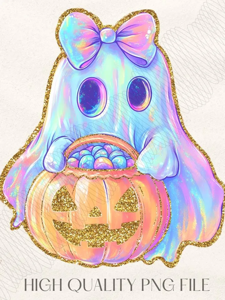 Iridescent Ghost Pumpkin PNG, Coquette Halloween Design, Iridescent Ghost Pumpkin Design, Halloween PNG, Girly Halloween Png, Cute Ghost Png