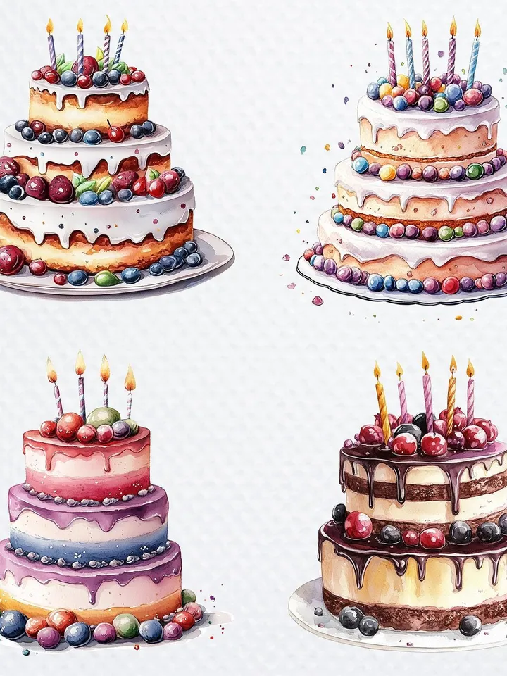 12 Tasty Birthday Cake PNG Bundle, Printable Watercolor sublimation, High Quality PNGs, Digital download, Paper crafts, junk journals