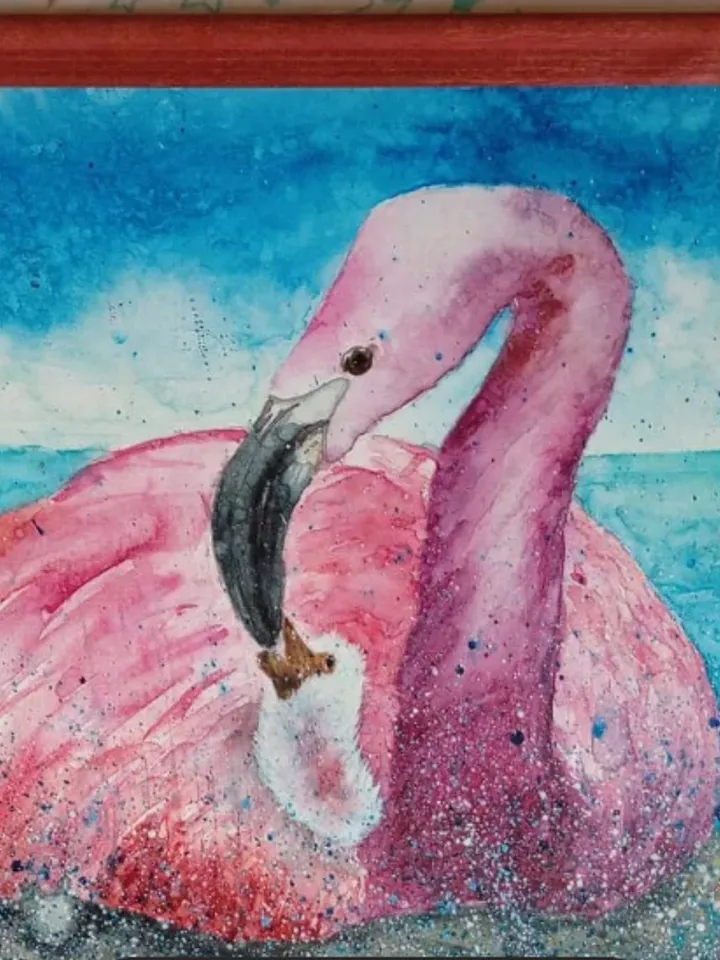 Framed painting "Mama Flamingo", watercolor, size 40x30cm