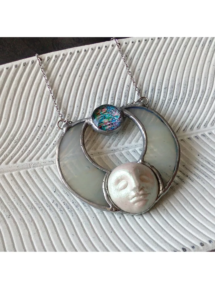 Stained glass moon, Moon Goddess, Moon phase necklace, Stainglass crescent, Full moon pendant, Moon face necklace