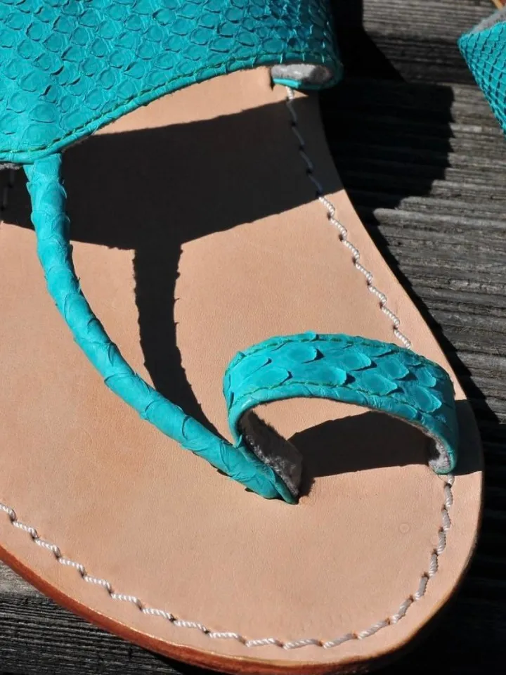 Python skin sandal turquoise Tiffany color | Women summer sandals | leather flops| summer shoes | flat woman shoes | designer sandal