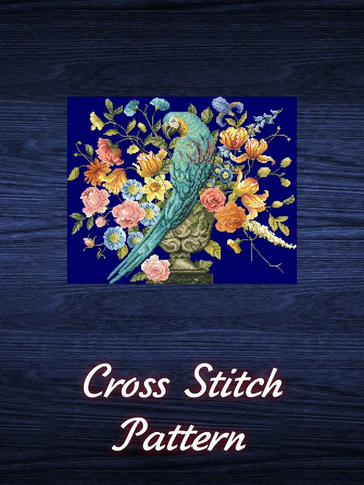 Antique Cross Stitch Pattern Parrot with Flowers Counted Digital Download PDF