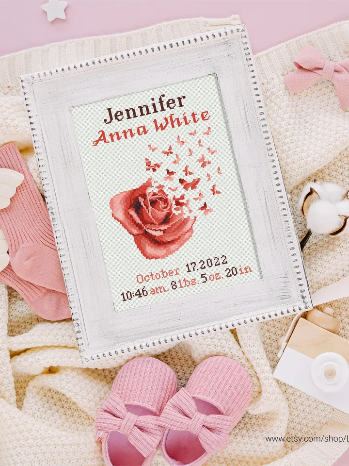 Rose Birth announcement cross stitch pattern, baby, personalized, boy girl nursery decor, counted, chart, gift DIY, embroidery, instant PDF