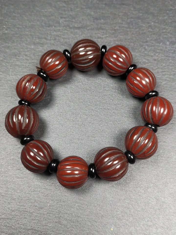 Gandhanra Old Tibetan Wrist Mala, 0.75" Agate Pumpkin Ball Prayer Beads Bracelet