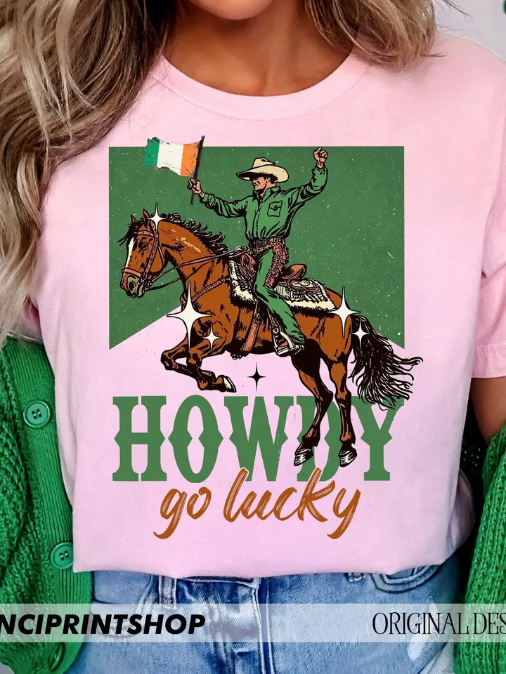 Howdy Go Lucky Png, Western St patricks day png, Retro st patricks png, St patrick png, Cowgirl St patricks png, irish day png, western png