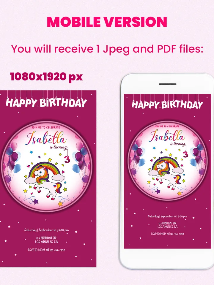 Personalized Digital Birthday Invitation, Unicorn Party Bundle, Kids Birthday Invitation Bundle, Birthday Invite Set, Unicorn Party Set
