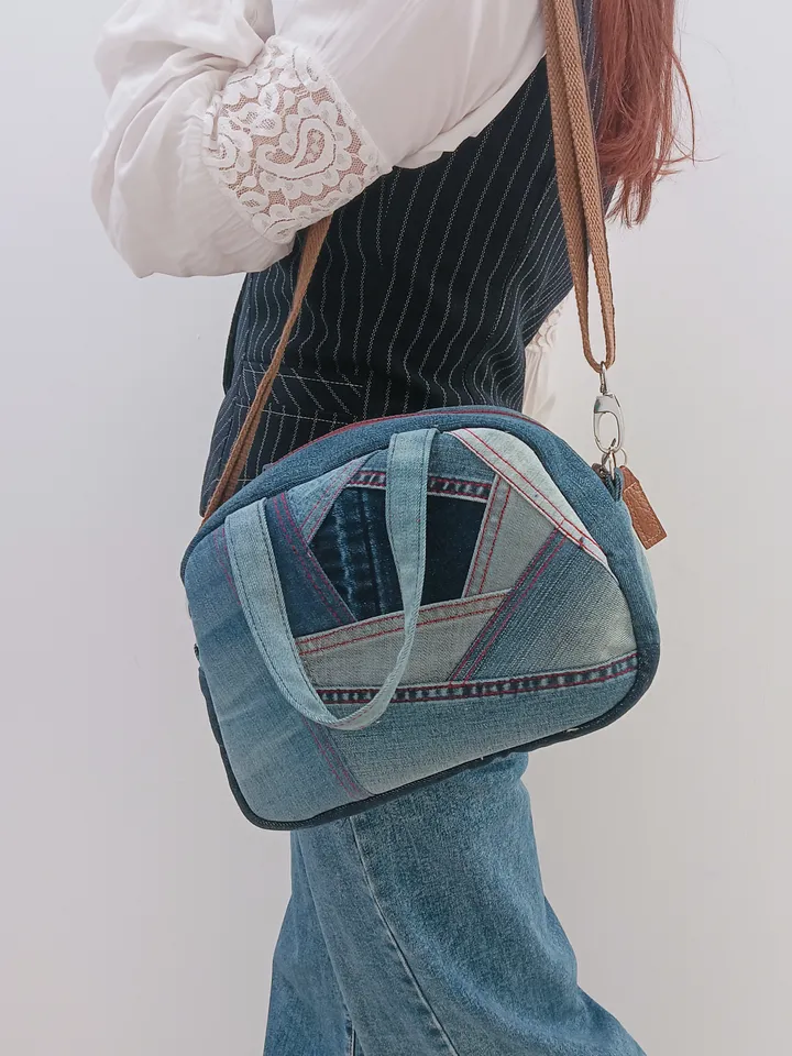 Cute crossbody denim bag, shoulder jeans bag, recycled jeans fabric, boho bag with pockets outside and inside