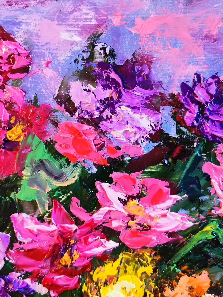 Bright Flowers Wine Oil Painting Original Impasto Artist Svinar Oksana
