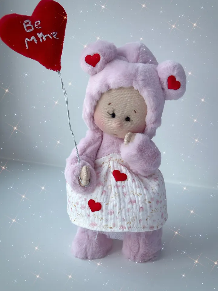 Memory bear doll. Handmade Valentine doll. Soft plush doll with heart. Gift for her.