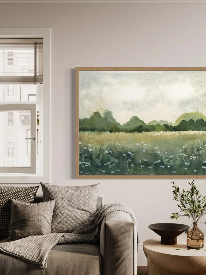 Summer Landscape Wild Flowers Print, Green Field Wall Art, Bed Room Art Print, Country Print, Sun Flower Painting, Neutral Green Print