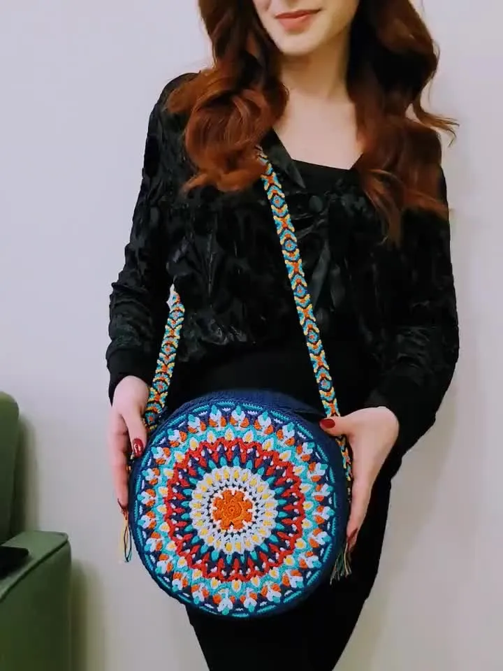 8 inch Round bag festival bag Art to wear purse Crochet mandala bag Unique handmade Boho summer bag Colorful navy blue Kaleidoscope bag