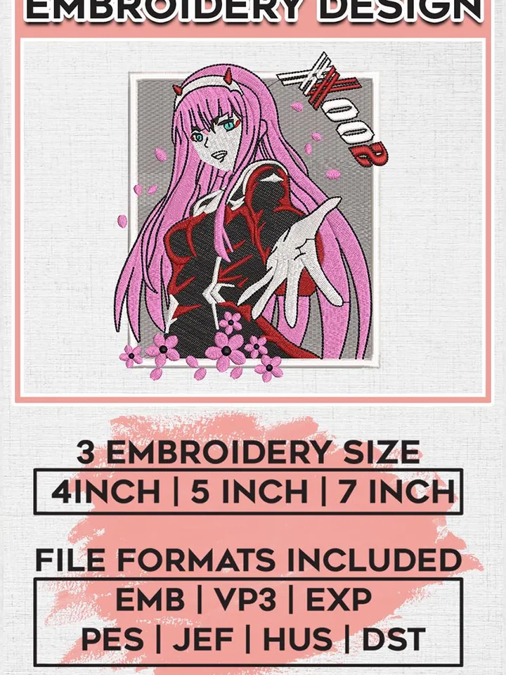 Zero Two Embroidery Designs, Zero Two Logo Embroidery Files, Darling in the Franxx Machine Embroidery Pattern EMB_ANIME_229