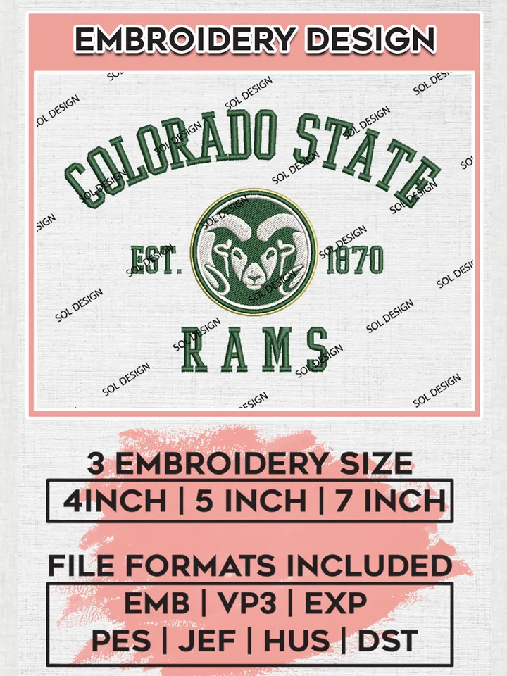 Colorado State Rams Est 1870 Logo Embroidery Designs, NCAA Colorado State Rams Team Embroidery, NCAA Team Logo, 3 sizes, Machine embroidery Files, Digital Download