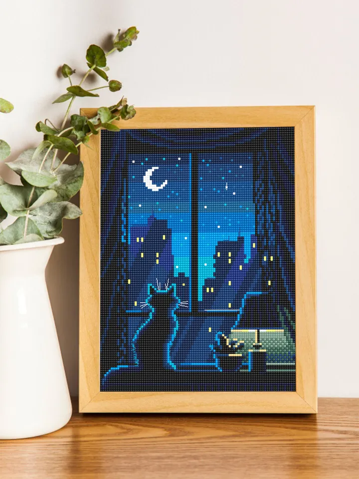 Silhouette cat cross stitch pattern PDF download Cute kitten cross stitch chart, Window with night cityscape pattern, Moon cross stitch #K14