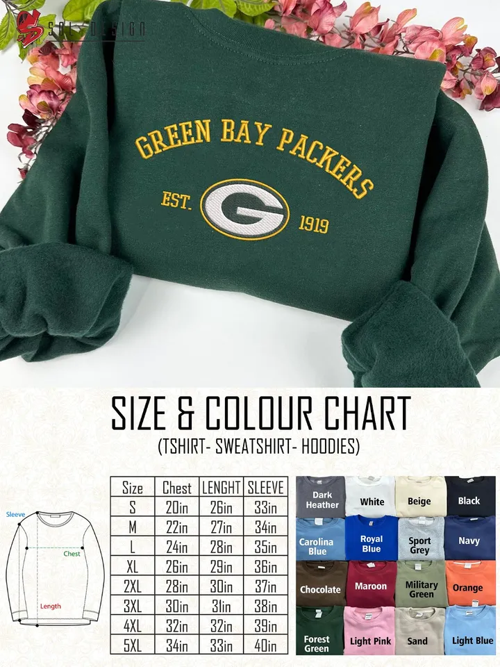 NFL Green Bay Packers Est 1919 Embroidered Sweatshirt, NFL Green Bay Packers Embroidered T Shirt, Unisex Game Day Crewneck, NFL Football Fan Gift Tee