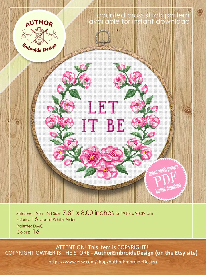 Framed quote cross stitch pattern Let it be download PDF Flower wreath cross stitch chart, Funny cross stitch Home decor, Flower sakura #Q29