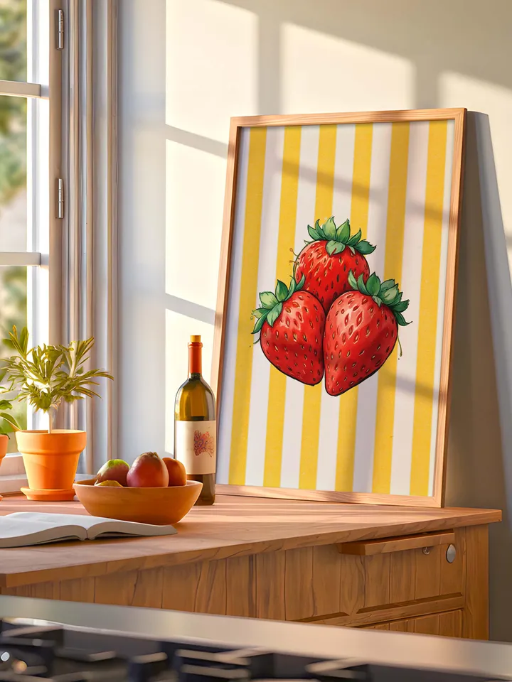 Strawberry Vintage Print, Strawberries Wall Art, Kitchen Trendy Poster, Farmhouse Kitchen Drawing, Retro Kitchen Decor, Fruit Wall Art