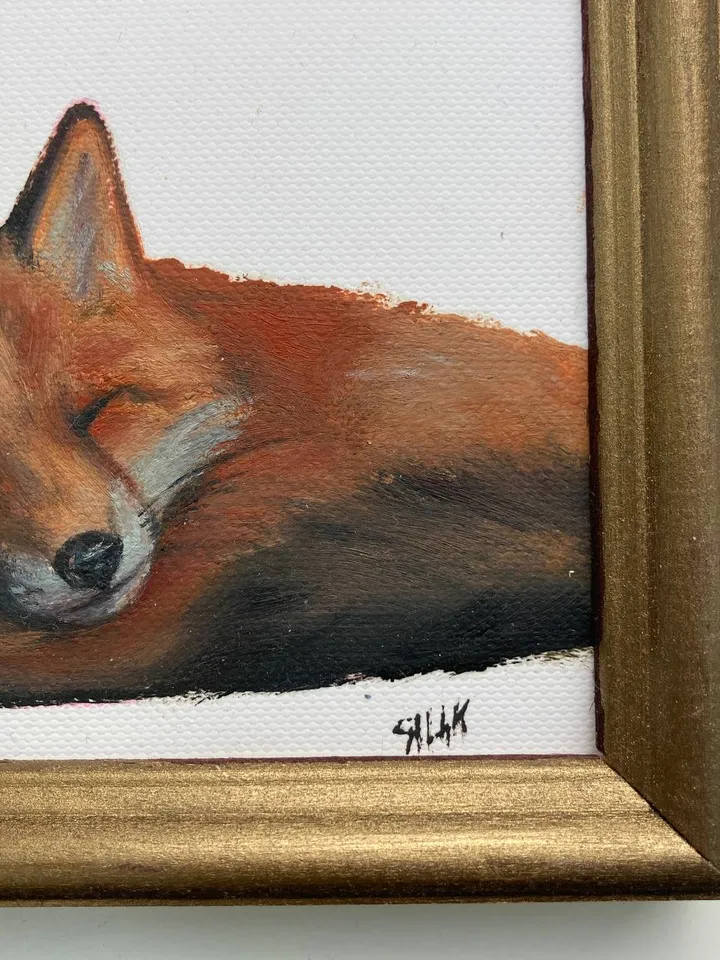 Cute Fox Painting Framed Antique Oil Painting Original Art Gold Frame Animal Painting Realistic Fox Small Oil Painting Framed Decor