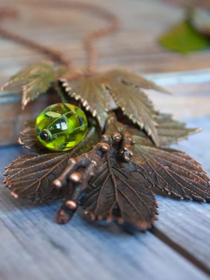 Unique handmade copper pendant made of nature leaves in a single copy, original gift