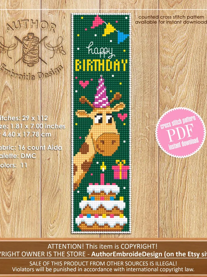 Birthday bookmark set cross stitch pattern PDF download Funny animals cross stitch, Simple bookmark pattern digital PDF Happy birthday #B462