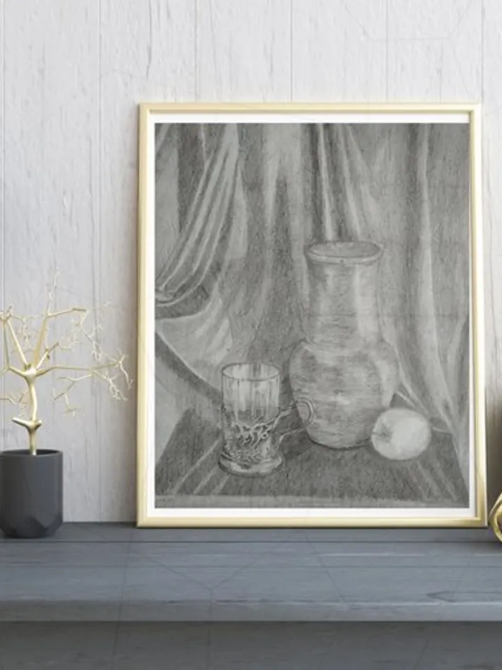 Still life pencil drawing coaster apple fabric vintage paper 12x8 inches
