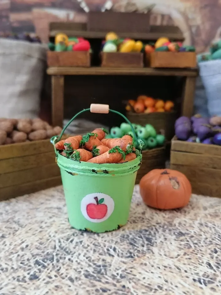 Bucket with carrots. Puppet miniature. 1:12. Doll garden.