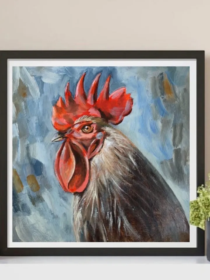 Rooster farm modern art farmhouse Original oil painting pet portrait wall art 8x8 inches