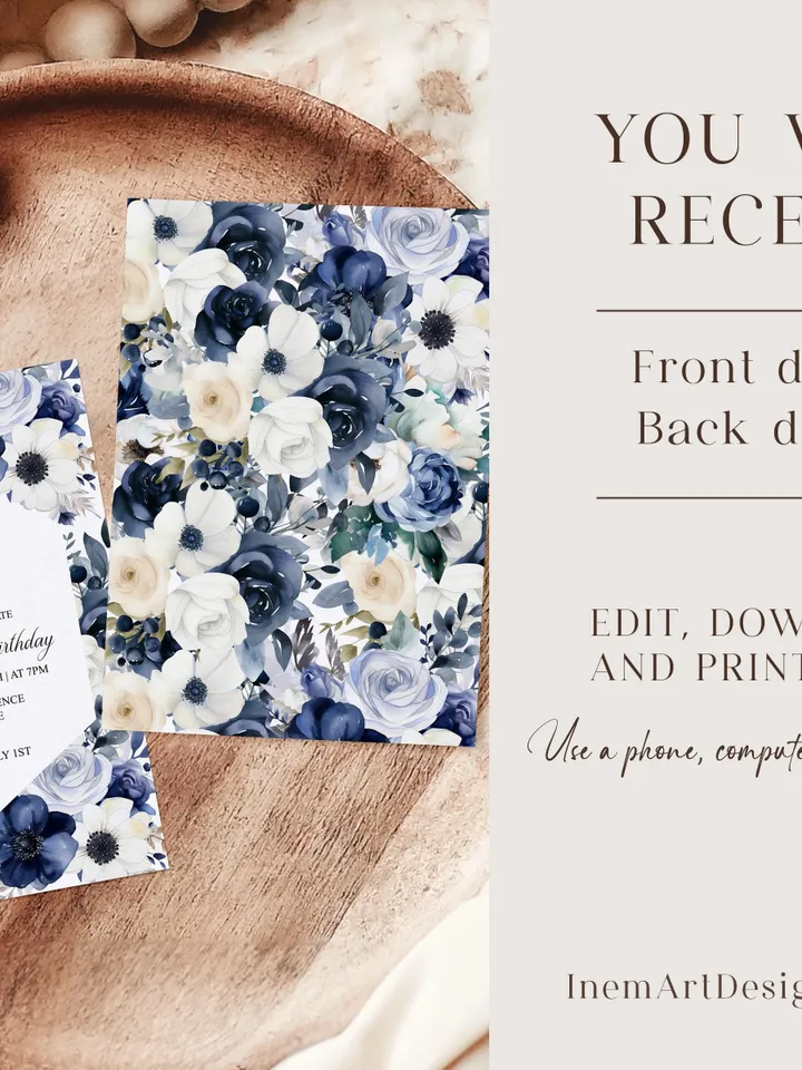 90th Birthday Invitations, Printable 90th Birthday Party Invitation, Navy Blush Floral 90th, 95th Birthday Invite - i133(2)