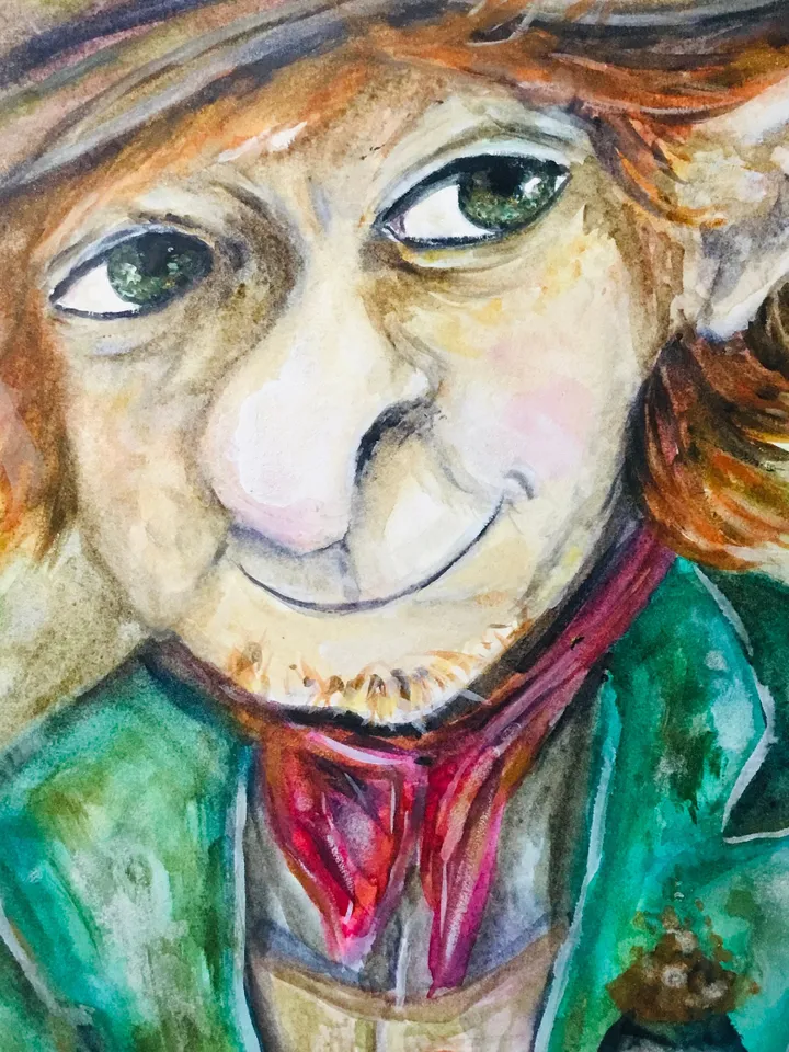 Funny Leprechaun with a pot of gold painting,good luck painting,original watercolour painting wall art,humorous painting,funny portraits.