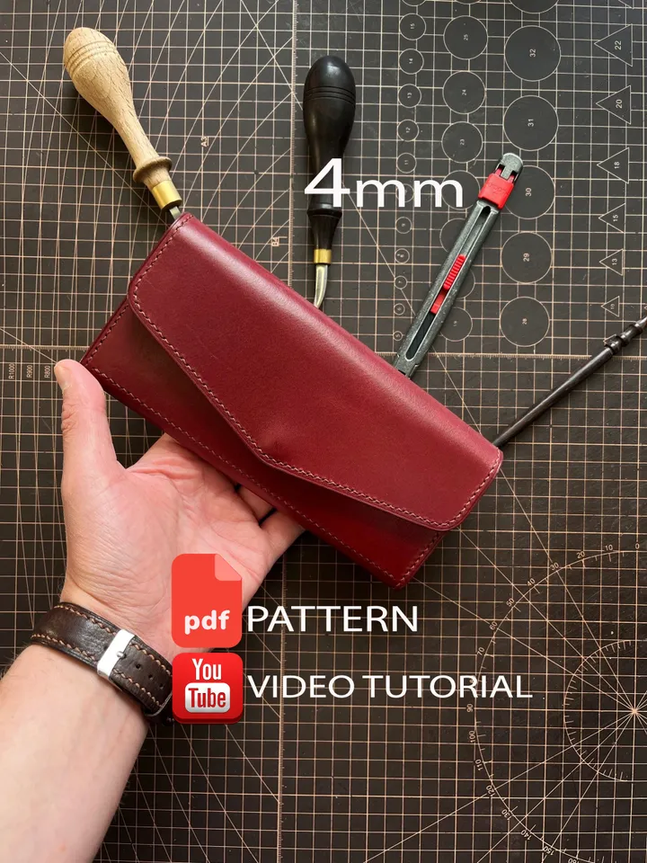 Pattern of a classic women's wallet - Pattern of a leather wallet - Download PDF & video TUTORIAL. Punch pitch 4 mm.