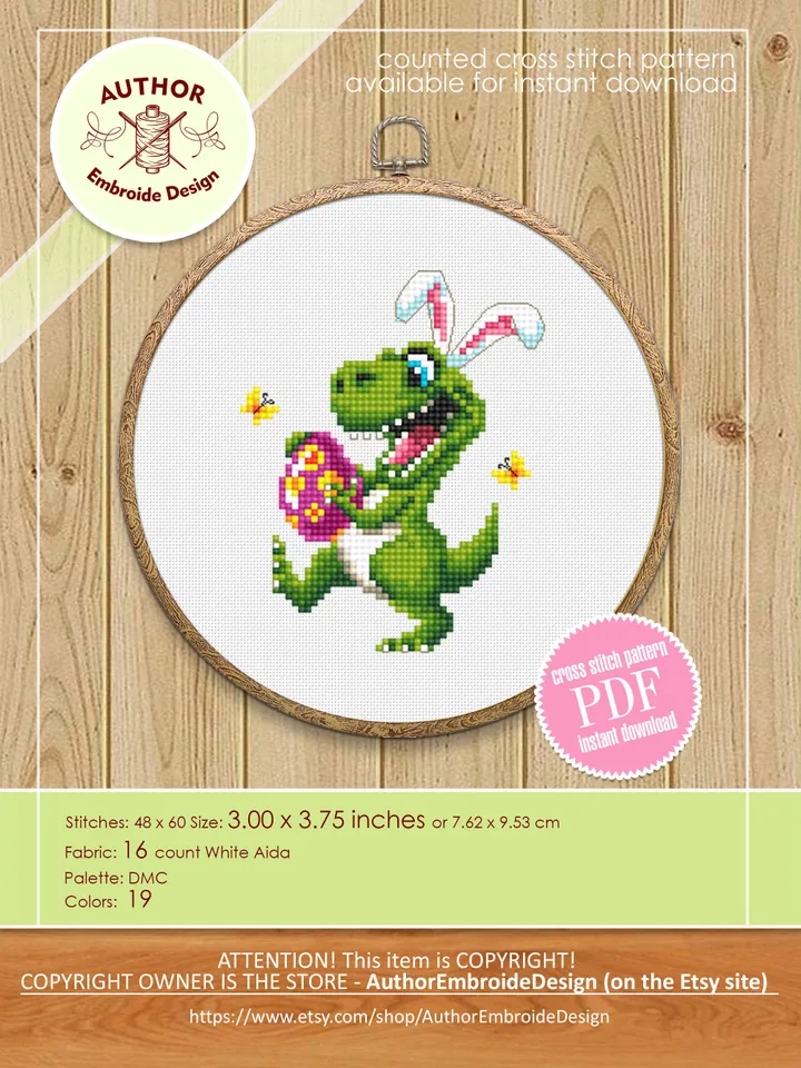 Easter dinosaur cross stitch pattern PDF download, Set of 2 small dino cross stitch chart, Easter pattern digital PDF, T rex Bunny ears #T27
