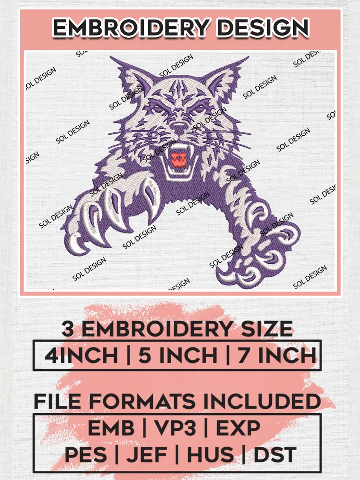 NCAA Abilene Christian Wildcats Football Team Mascot Logo Embroidery Design Files, NCAA Abilene Christian Wildcats Machine Embroidery, NCAA Teams, Game Day, 3 sizes, NCAA Machine embroidery designs, Digital Download