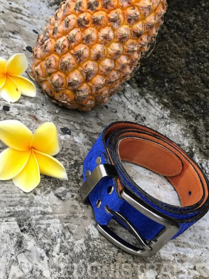 Genuine python skin blue belt | electric blue ultramarine belt | handmade leather belts | unisex belt | exotic leather belt |