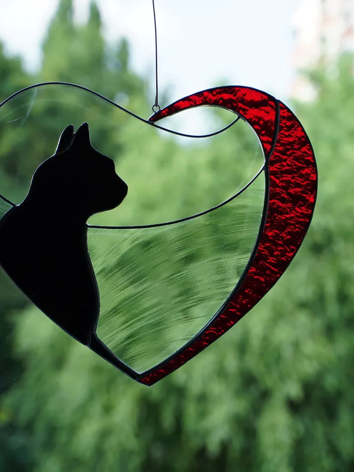 Black Cat in Red Heart . Art stained glass window hanging Suncatcher . Gift for animal lover , pet loss memorial
