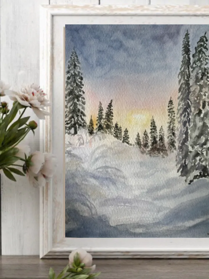 Winter forest landscape original watercolour painting wall art hand painted