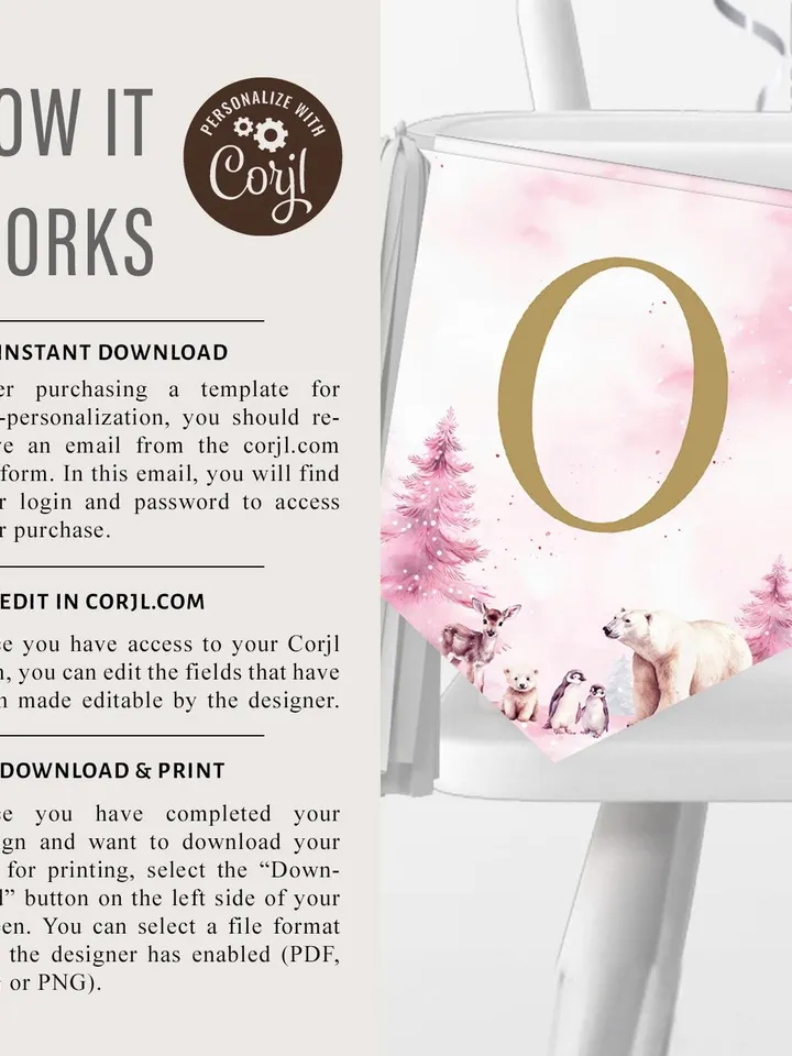 Winter Onederland High Chair Banner Wonderland Boy Girl 1st Birthday Party Decor Polar Bear Arctic Animals Bunting Flag Printable Prop i123