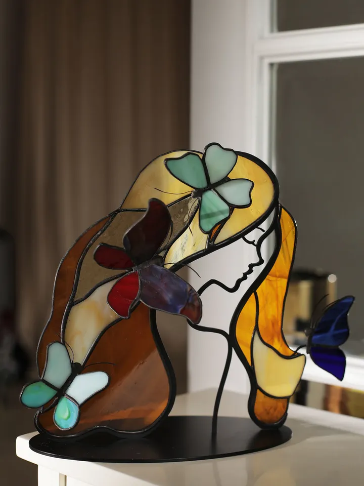 Girl with Butterflies in Her Hair. Tiffany Stained Glass