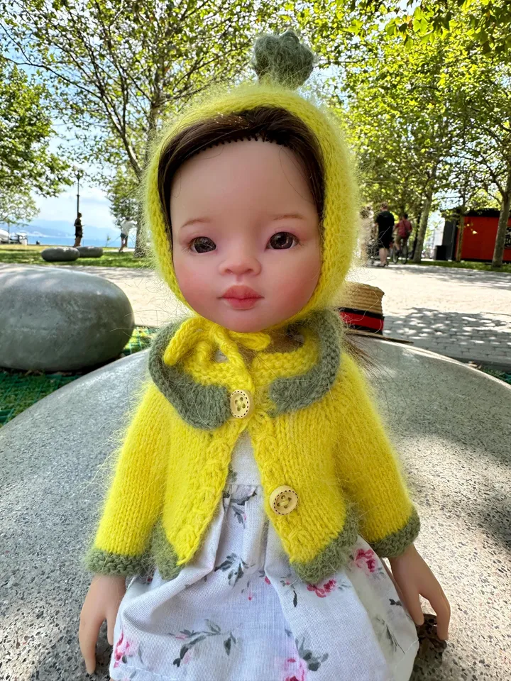 PDF Knitting Lemon SET Cardigan and Hat Pattern & Tutorial with Cute Lock Pattern – Cozy Outfit for 13-Inch Dolls Paola Reina eng