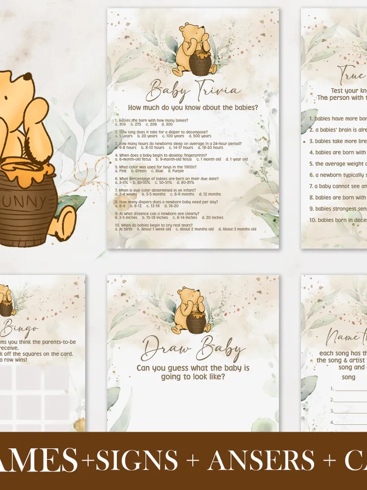 Winnie the Pooh Baby Shower Signs; Winnie the Pooh Inspired; Printable Pooh Baby Shower Party Games; Honey Bear Shower Games; WP4
