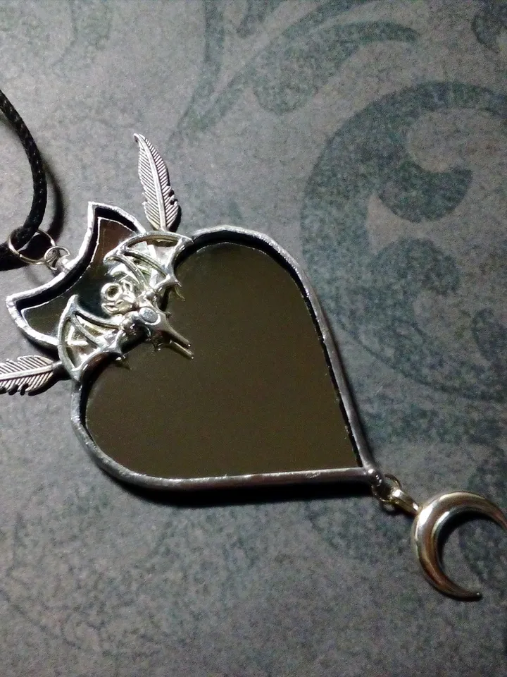 Stained glass scrying mirror, Black goth ornate mirror, Bat mirror, Car hanger, Witch mirror, Heart mirror