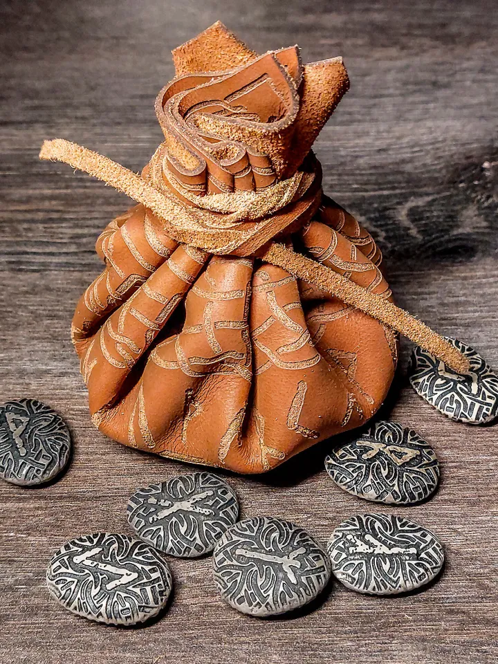 Celtic Scandinavian Stone Runes. Leather Bag. Elder Futhark. Viking Rituals. Aegishjalmur. The Helm of Awe Symbol.