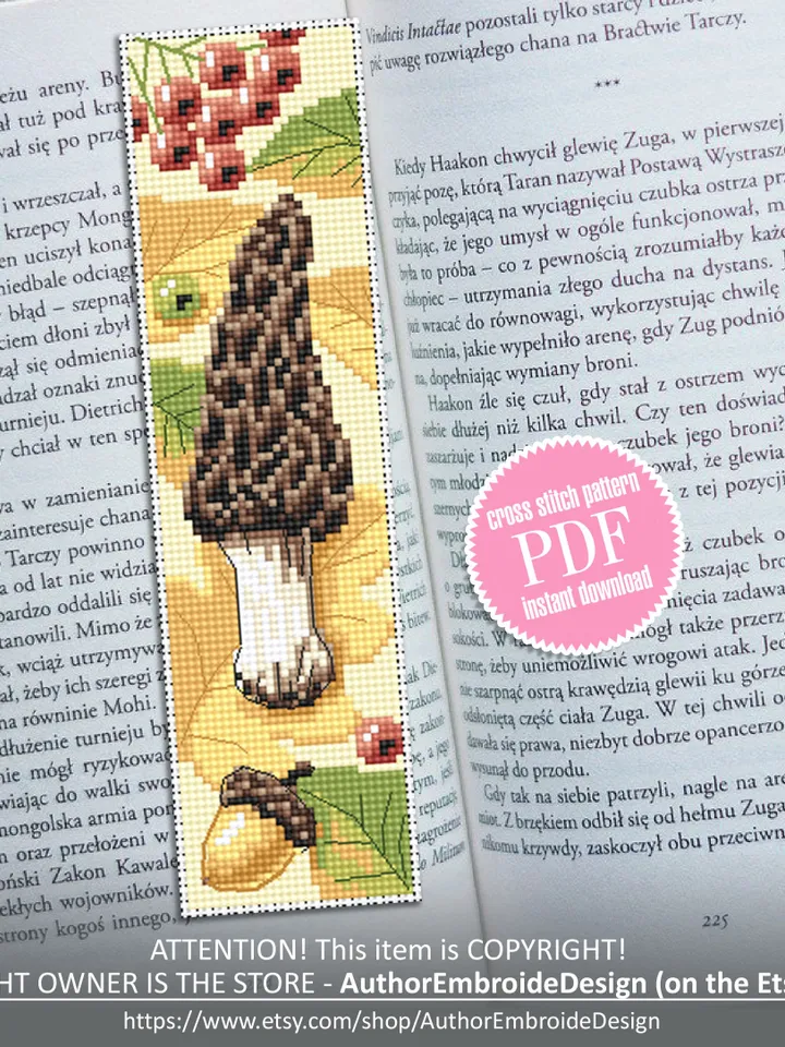 Mushroom bookmark cross stitch pattern PDF download Morel mushroom cross stitch chart, Digital bookmark pattern PDF, Fall embroidery #B161