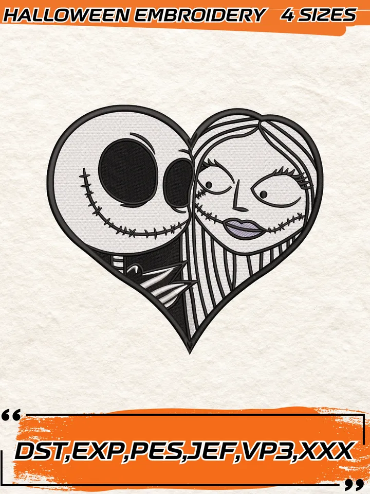 Jack Loves Sally In A Heart Embroidery Design ,Halloween Embroidery Design, 4 Sizes , Digital Download