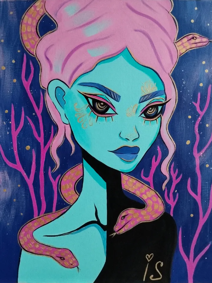 Gorgon Fantasy Original Acrylic Painting with Gold Paint
