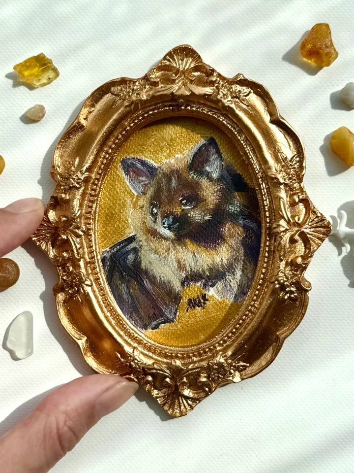 Fluffy Bat Oil Painting Small Original Framed Art Goth Bat Gifts, Mini Gold Framed Decor, Bat Lovers Art, Dark Cottagecore Art, Tiny Oval Painting Whimsigoth Decor