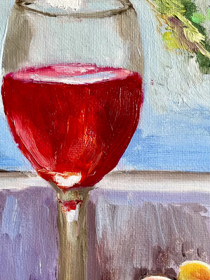 Wine Glass Painting, Original Oil Painting on Canvas, Fruit Still Life Painting 10" x 10"