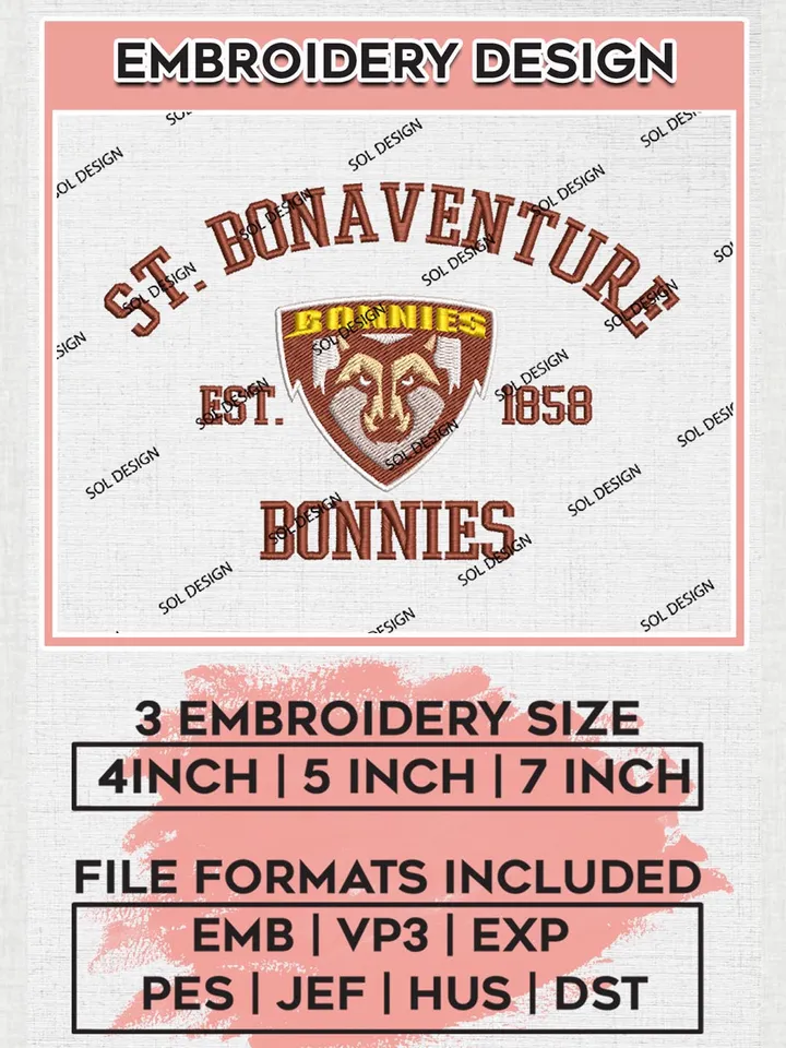 St. Bonaventure Bonnies Est 1858 Logo Embroidery Designs, NCAA St. Bonaventure Bonnies Team Embroidery, NCAA Team Logo, 3 sizes, Machine embroidery Files, Digital Download