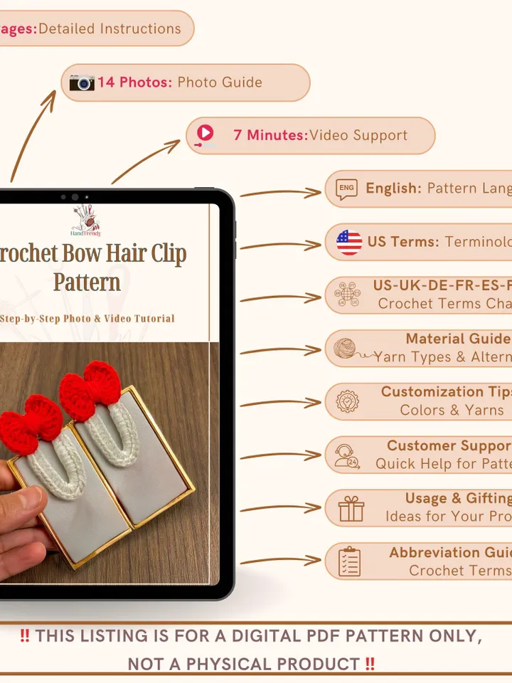 Crochet Bow Hair Clip Pattern, Scalloped Edge Bow Applique PDF, DIY Snap Clip Cover, Cute Decorative Hairpin, Handmade Accessory