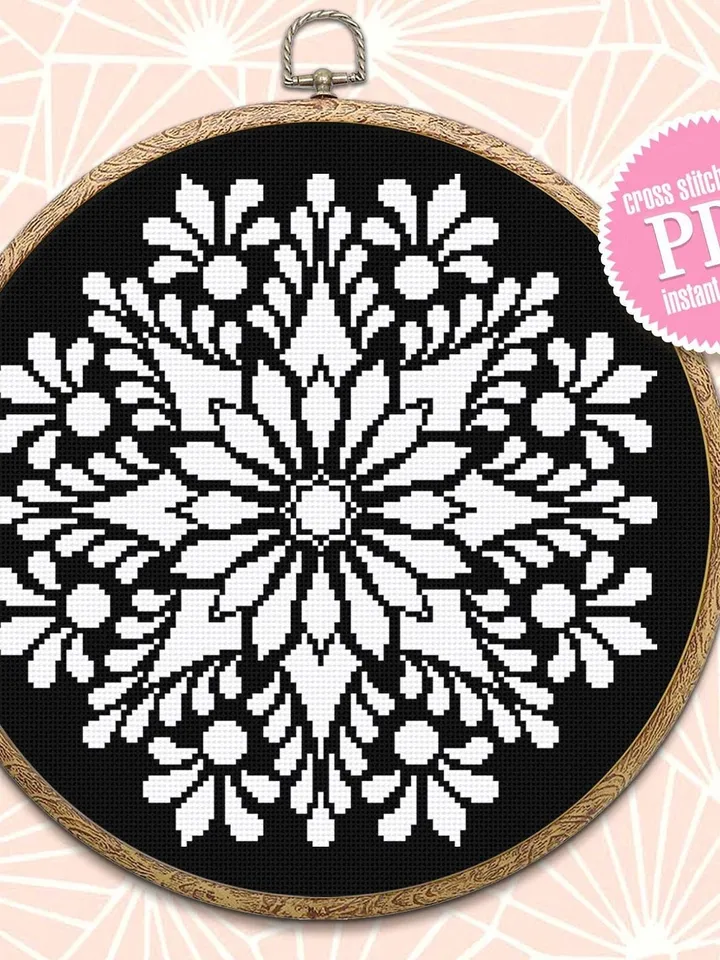 Mandala cross stitch pattern download PDF Monochrome cross stitch chart Flower mandala pattern digital Floral ornament embroidery PDF #M3