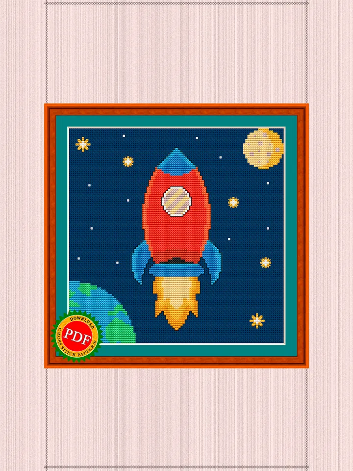 Cosmos Rocket Cross Stitch Pattern | Cartoon Rocket Embarking on a Galactic Voyage